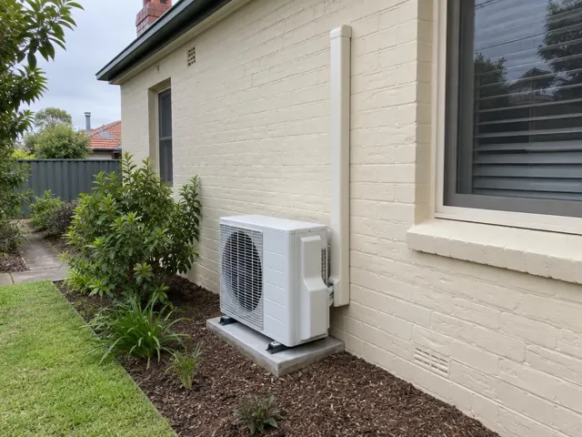 Outdoor split-system unit on a concrete pad beside a cream brick house with pipe cover in Enfield